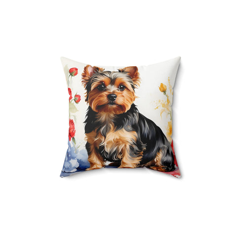 Yorkshire Terrier Yorkie Dog with Flowers - Spun Polyester Square Pillow